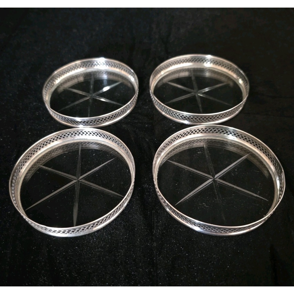 Set Of 4 Webster Sterling Silver Reticulated Cut Glass Starburst Coasters 3"
